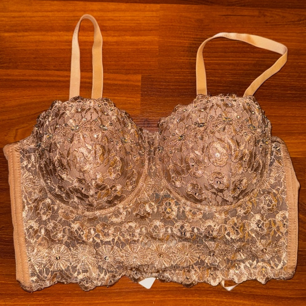 Nude Lace Bustier Bedazzled Crop Tank Top - Picture 3 of 7